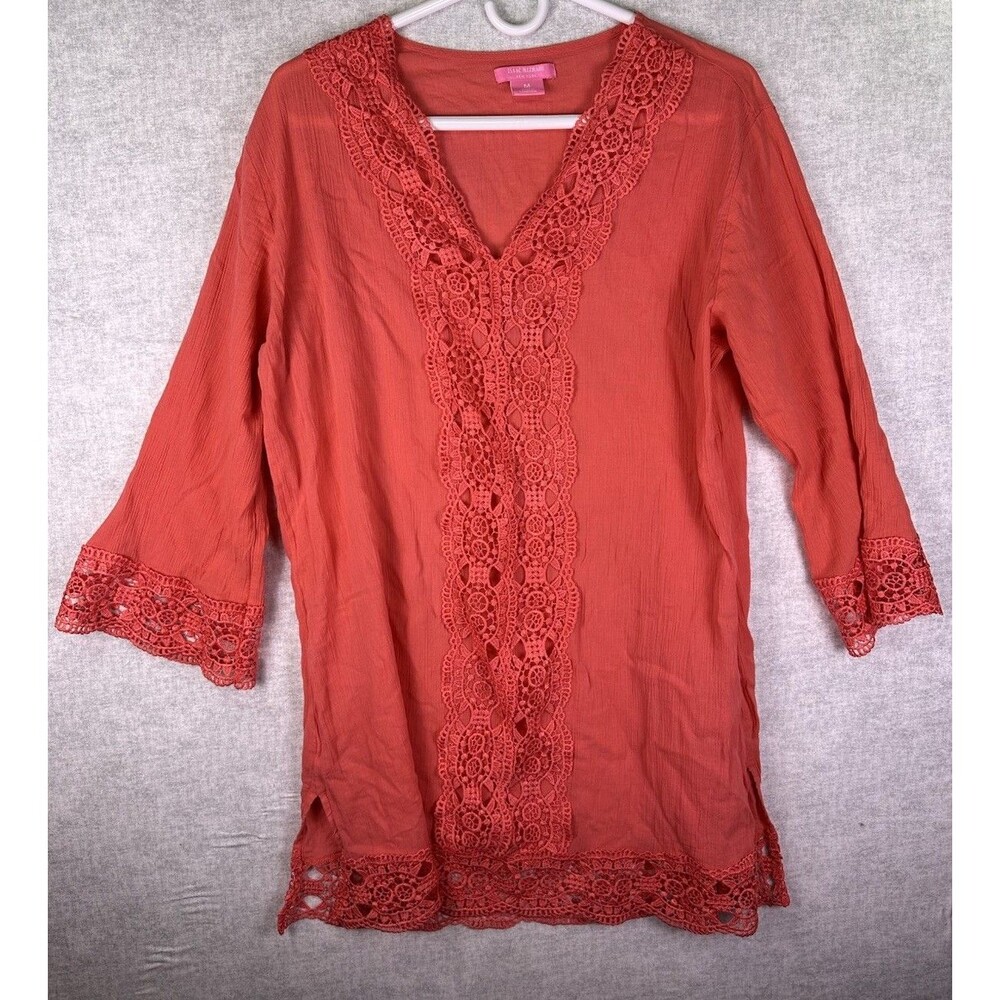 Isaac Mizrahi Womens Tunic Cover Up Size M Lace 3/4 Sleeve Cruise Summer Coral
